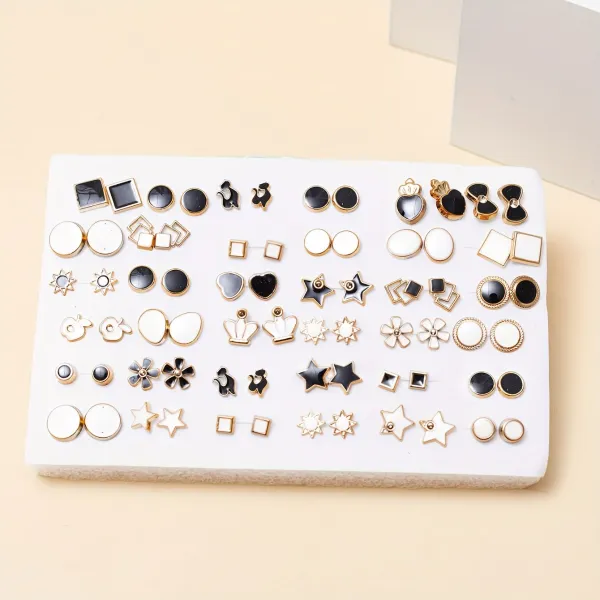 Black & White Golden Stud Earrings Set (36 Pairs)